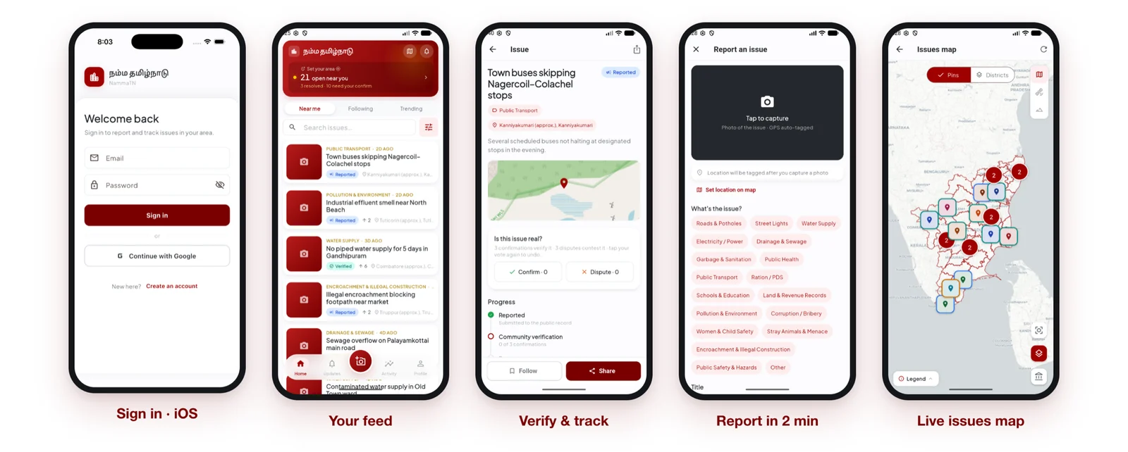 NammaTN mobile interface preview showing sign-in, community feed, reporting, verification and a map
